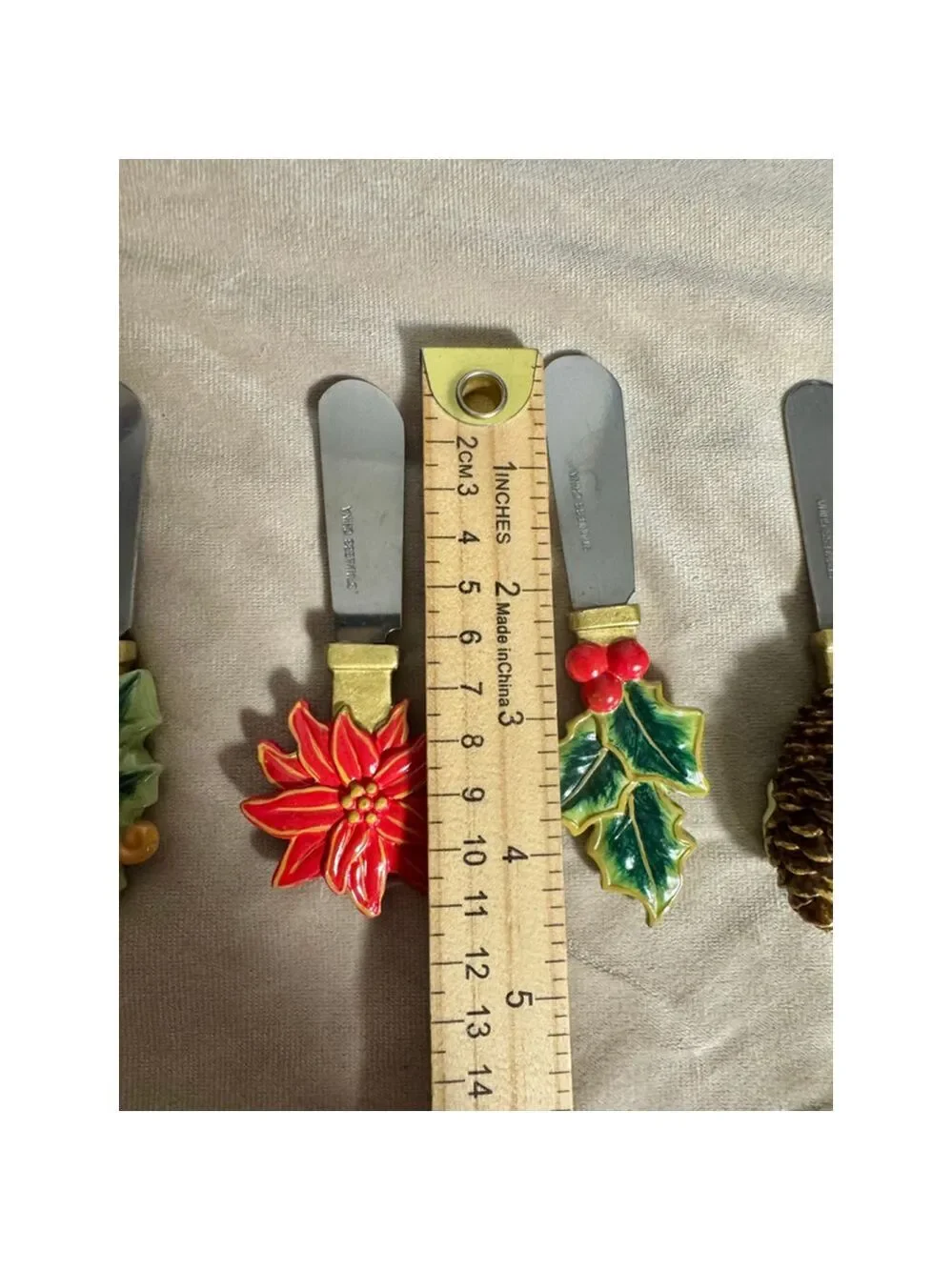 Vintage Christmas themed butter, cheese, jam spreaders Holly poinsettia pine